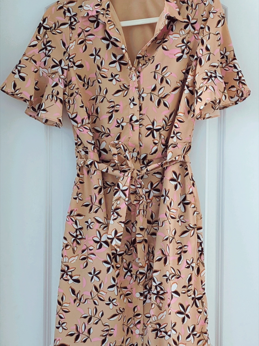 Banana Republic Beige Floral Midi Tie-Front Dress with Pink & Black Accents